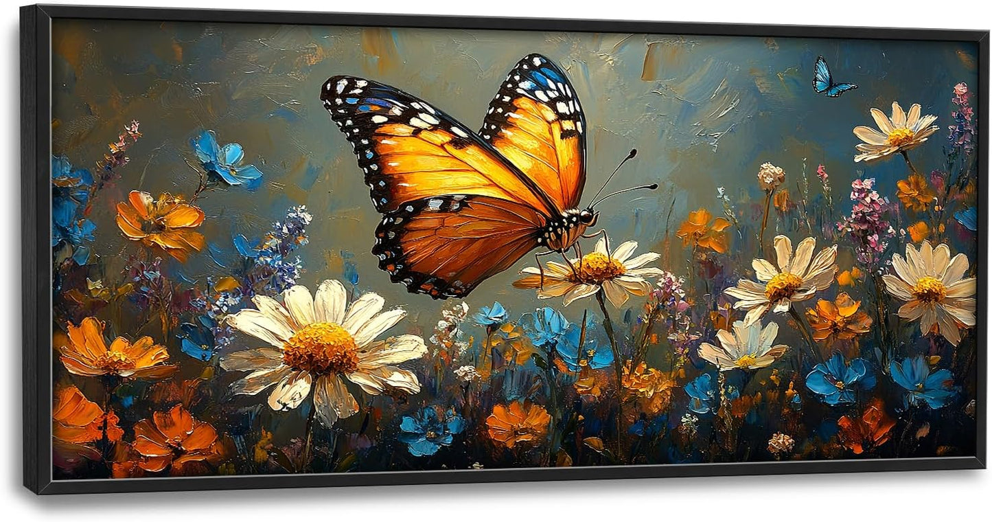 Large Butterfly Daisy Wall Art for Living Room, Floral Landscape Canvas Oversized Wall Decor, Flower Scenery Aesthetics Framed Pictures Painting Print Artwork for Bedroom Office 60"L x 30"W