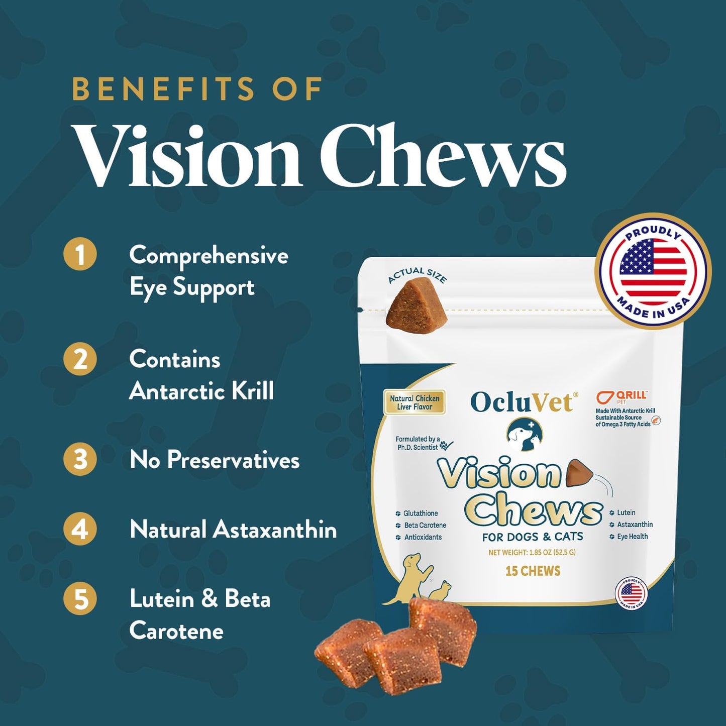 Bundle Eye Supplements for Dogs & Cats | Vision Chews with Omega-3 for All Ages - Includes 15 Chicken Liver Flavored Chews & Pet Eye Drops, 16 mL | Antioxidants & 2% NAC for Cataracts
