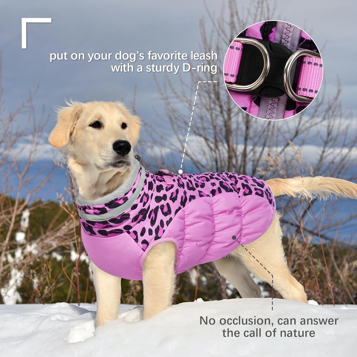 FUAMEY Dog Coat for Large Dogs,Waterproof Dog Winter Jacket with Harness Built in Puppy Cold Weather Coats Reflective Pet Vest with Zipper Warm Fleece Dogs Snowsuit Windproof Pink Leopard L
