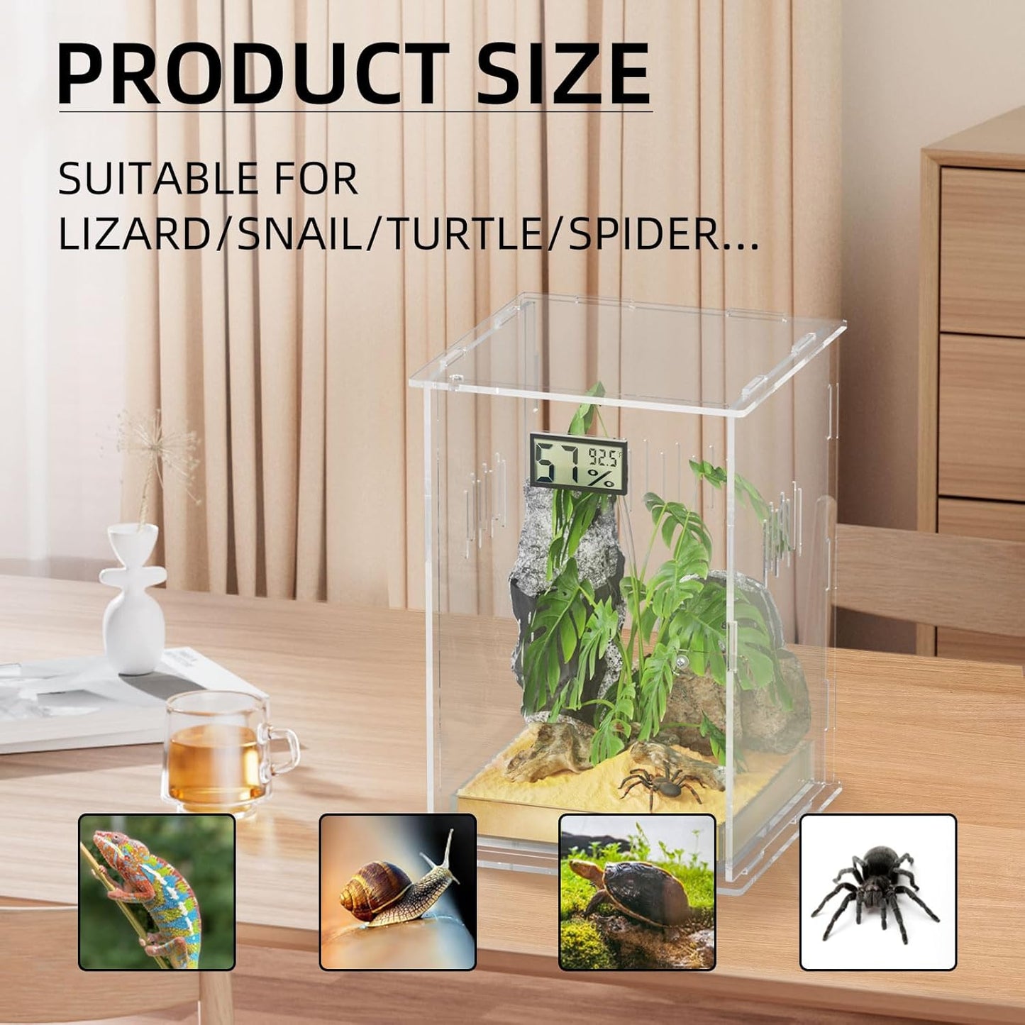 Reptile Terrariums with Temperature Hygrometer, 5.9"x5.9"x9.8" Acrylic Breeding Box Terrarium Cage Tank for Small Reptile Insect Home Office (Arboreal)