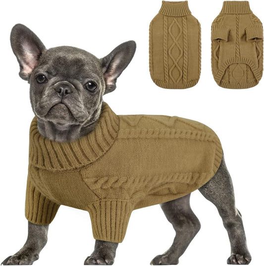 Queenmore Small Dog Pullover Sweater, Cold Weather Cable Knitwear, Classic Turtleneck Thick Warm Clothes for Chihuahua, Bulldog, Dachshund, Pug (Light Brown, X-Large)