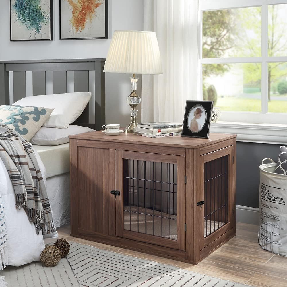 unipaws 36 Inch Furniture Style Dog Crate End Table with Cushion, Wooden Wire Pet Kennels with Double Doors, Medium Dog House Indoor Use (Walnut, Medium)