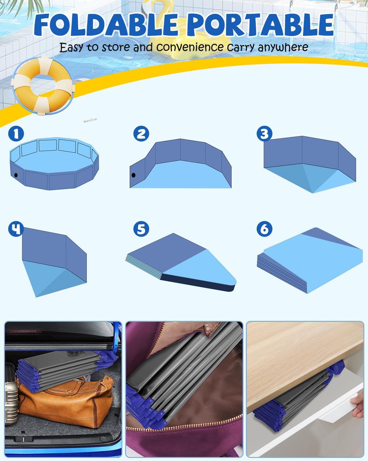 YSJILIDE Portable Dog Pool PVC Pet Swimming Bathtub Collapsible Hard Plastic Pool for Pets to Swim and Bath (L-48"x 12" Dark Grey)