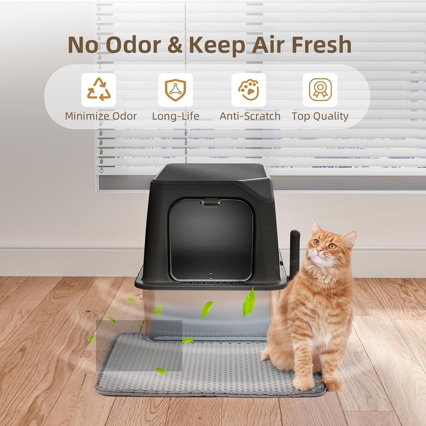 Stainless Steel Cat Litter Box with Lid, Extra Large, Great for Large & Small Cats, Easy to Clean, Anti-Leakage, Non-Sticky, Multifunctional 2 in-1 Metal Cat Litter Box - Black