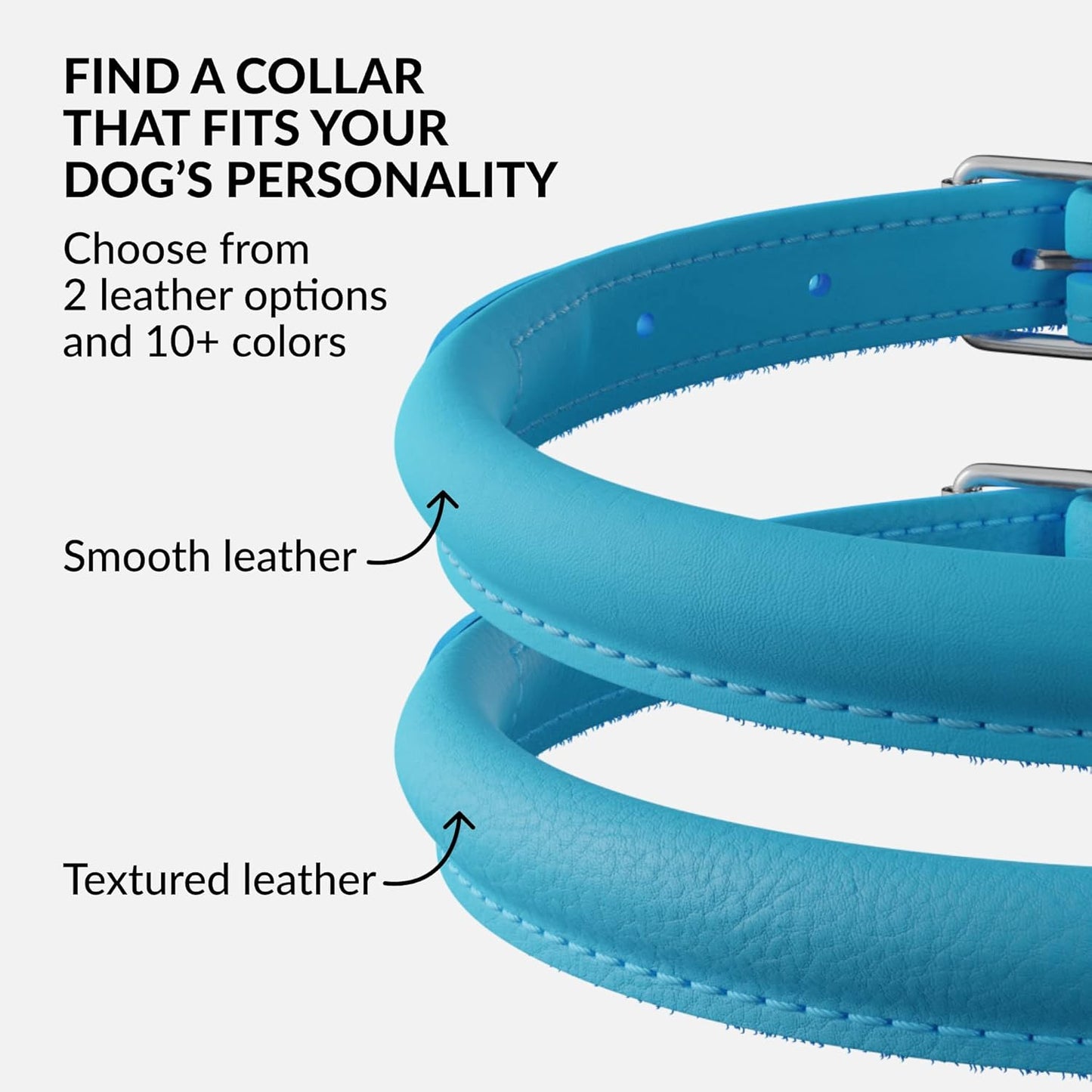 CollarDirect Rolled Leather Dog Collar, Soft Padded Round Puppy Collar, Handmade Genuine Leather Collar Dog Small Large Cat Collars 13 Colors (6 Inch, Light Blue)