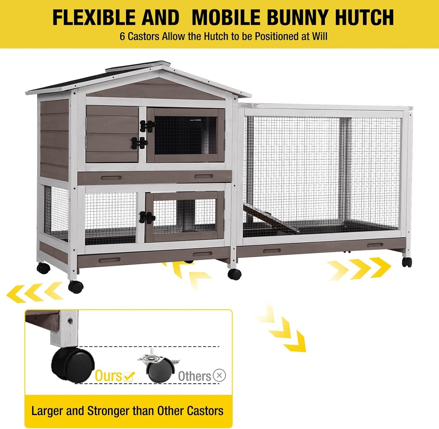 Aivituvin Rabbit Hutch 62" Rabbit Cage Indoor Outdoor Chicken Coop Guinea Pig Cage on Wheels Bunny Cage with 3 Deep No Leakage Pull Out Tray,Waterproof Roof (Brown)