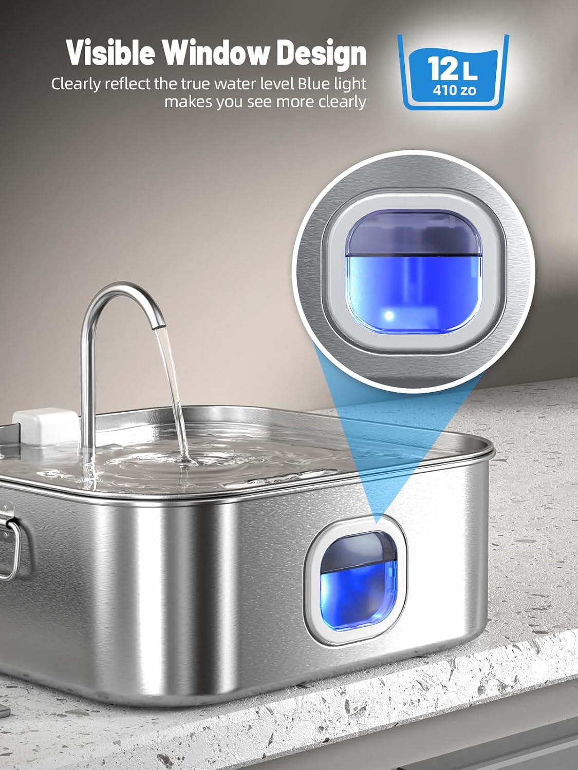 Dog Water Fountain Stainless Steel, 410oz/3.2Gal/12L Large Pet Water Fountain for Large Dog, Dog Water Bowl Dispenser with Water Level Window & LED Indicator, Super Quiet, with 2pcs Filters