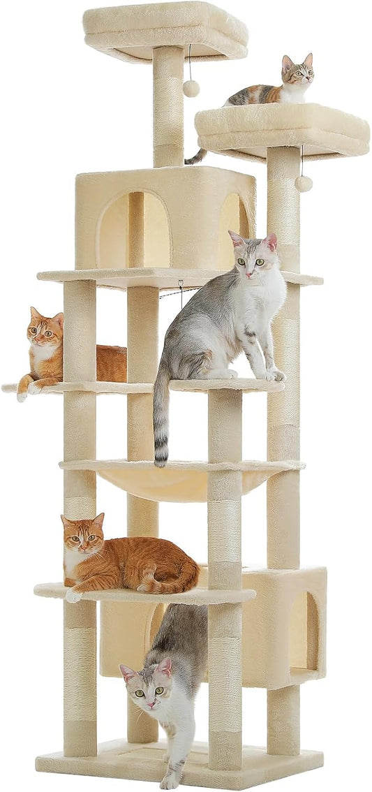 PAWZ Road Heavy Duty Cat Tree for Large Cats, 81 Inches Tall Cat Tower with 2 Perches, 2 Condos and Spacious Hammock, XL Extra Large Condo with 7 Scratching Posts for 20lb+ Adult Cats,Beige