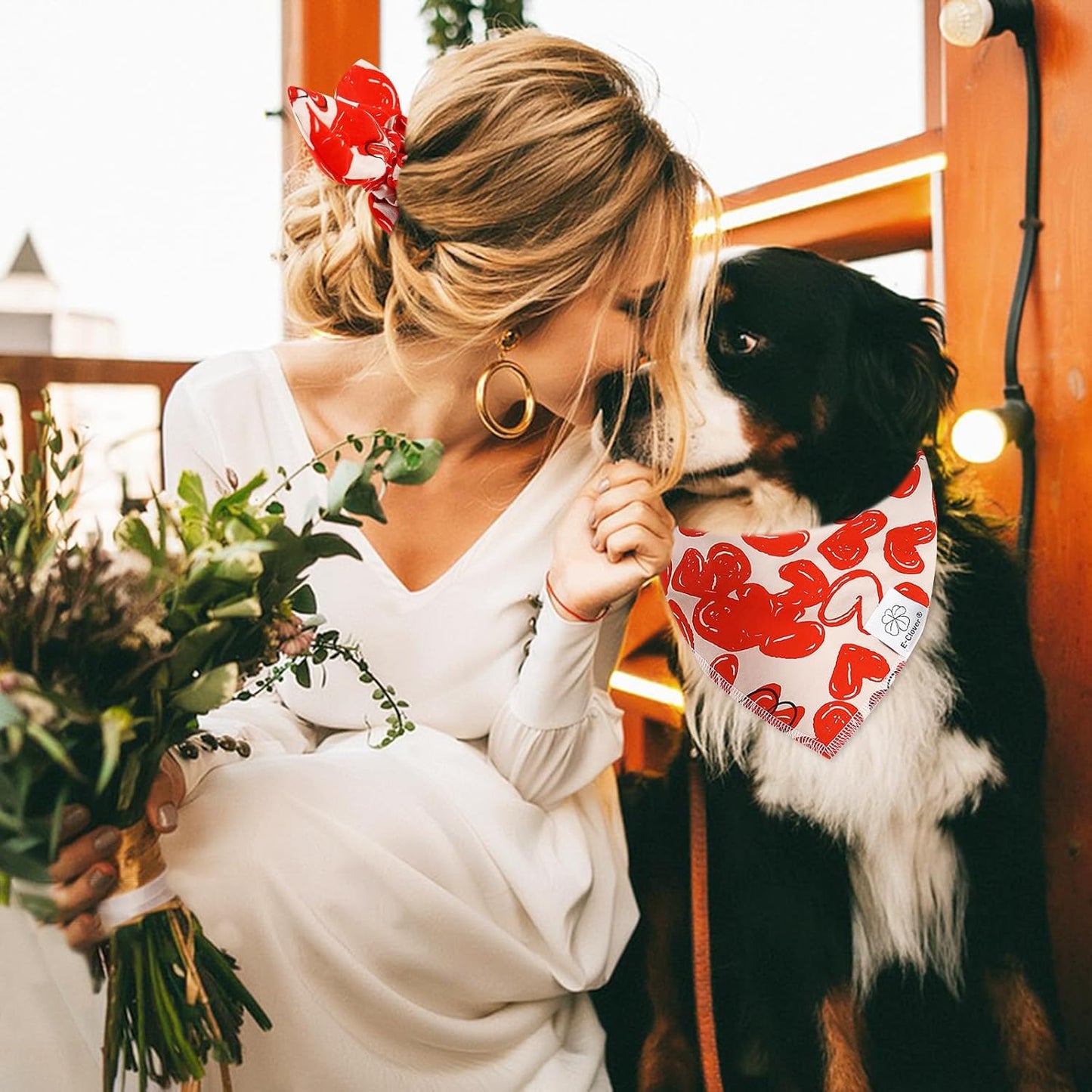 E-Clover Cute Dog Bandana & Matching Scrunchie-Heart Dog Bandanas Red Pet Scarf Bib for Medium Large Dogs Girl Boy Owner Mothers Day Mom Gift