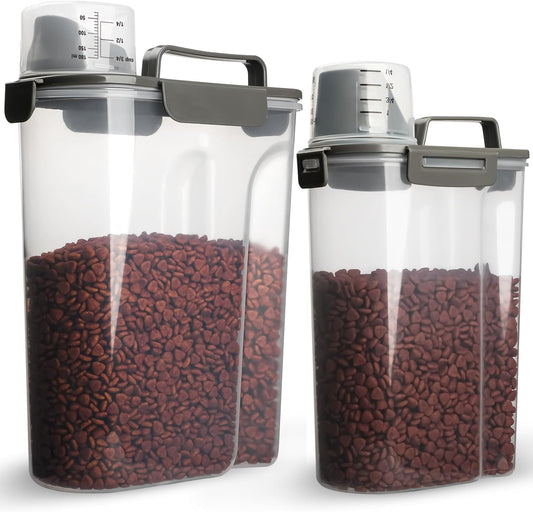 Dog Food Storage Container, 5-7 Lbs Airtight Pet Food Container, Cat Food Container Dispenser with Portable Handle, Pouring Spout and 4 Seal Buckles for Dogs Cats 2 Pack Grey