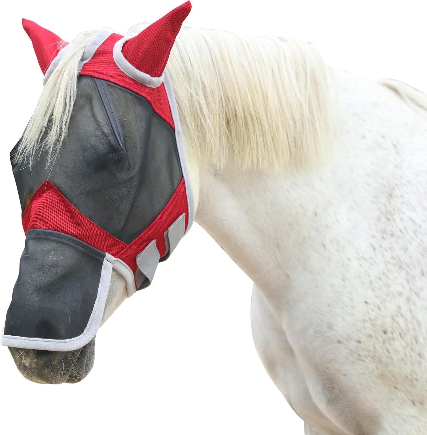 Horse Fly Mask with Ears & Long Nose Cover | Forelock Opening for Tangle-Free Mane Care | UV Protection & Breathable Mesh | No Rub Fit and Enhanced Visbility for Trail Riding Red Full