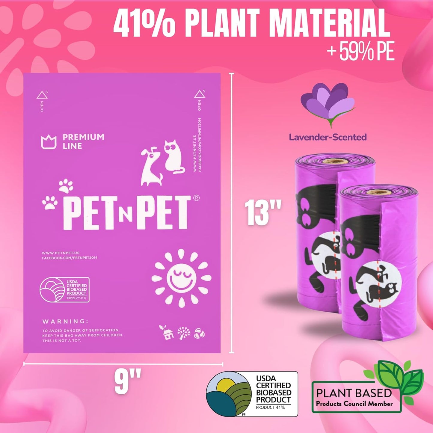 Pet N Pet Poop Bags for Dogs, 288 Counts Lavender Scented Dog Poop Bags Rolls with Leash Dispenser, USDA Certified 38% Plant Based & 62% PE Dogs Waste Bag, Doggie Poo Bag