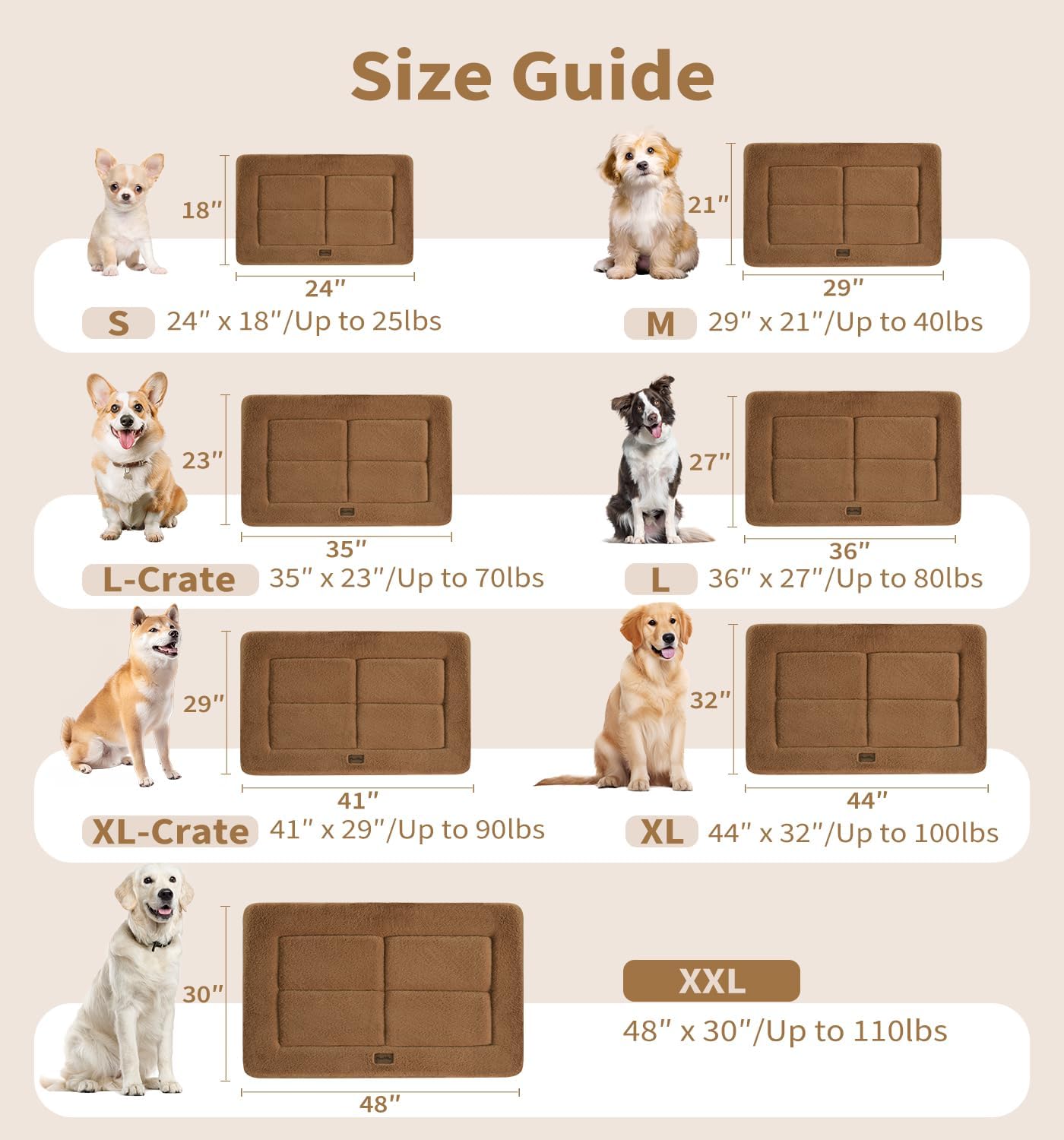 Made4Pets Dog Crate Pad Bed for Large Dogs, Washable & Reversible, Anti-Slip Kennel Mat for Cozy Sleeping, Soft Fluffy Dog Bed for Indoor & Outdoor Use, 44"x32", Brown