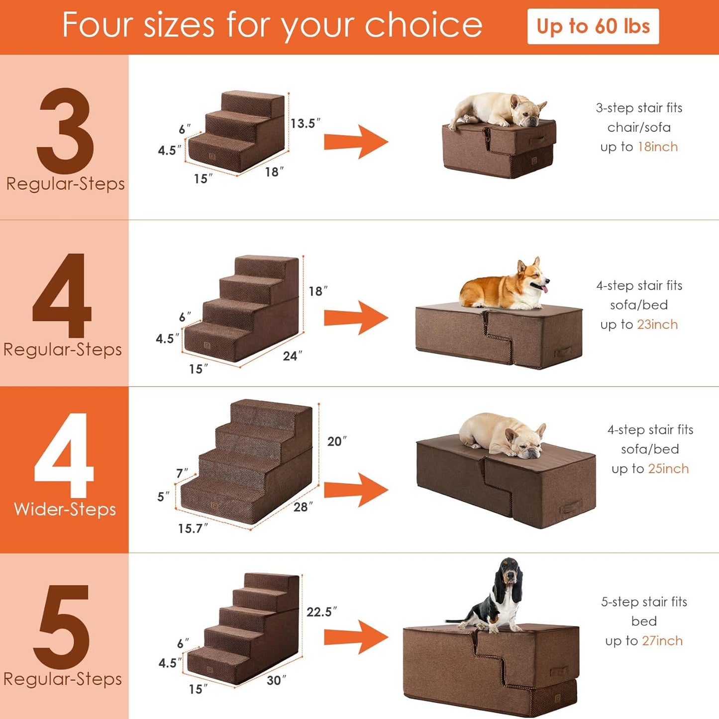 EHEYCIGA Dog Stairs for Bed 20" H, 4-Step Extra Wide Dog Steps for High Bed, Pet Steps for Small Dogs and Cats, Non-Slip Balanced Pet Ramp Indoor, Brown