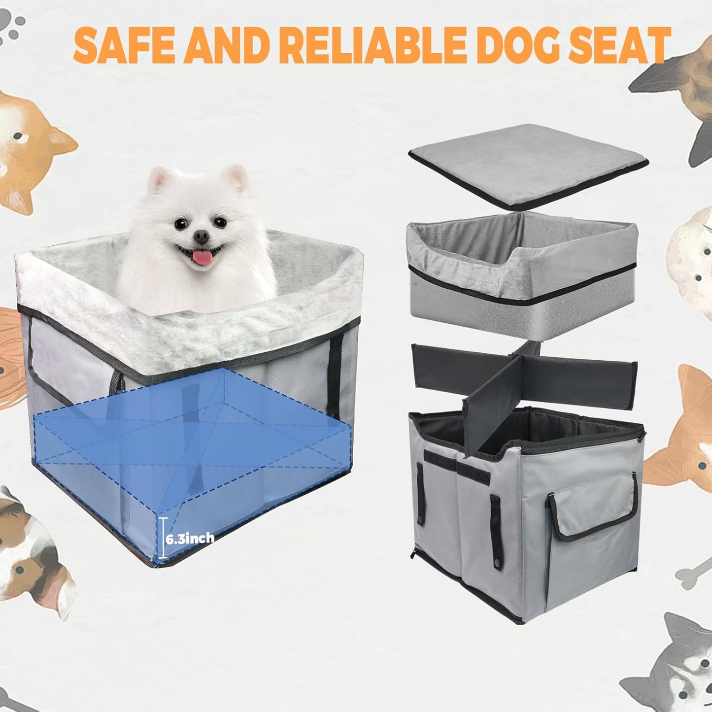 Eunice Small Dog Car Seat, 15.5 in (L) X 14.6 in (W) X 13 in (H) Washable Detachable and Portable Dog Booster Car Seat with Clip-on Safety Leash, Puppy Car Seats Storable Bottom Layer - Up to 25 lbs