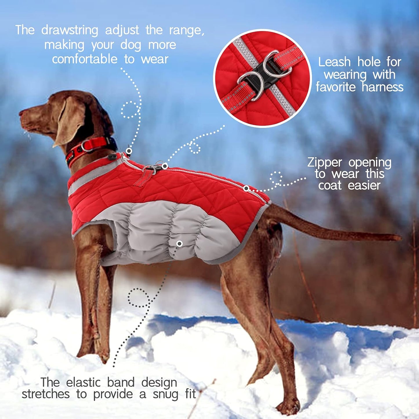FUAMEY Dog Coat for Large Dogs,Waterproof Dog Winter Jacket with Harness Built in Puppy Cold Weather Coats Reflective Pet Vest with Zipper Warm Fleece Dogs Snowsuit Windproof Red XXXL