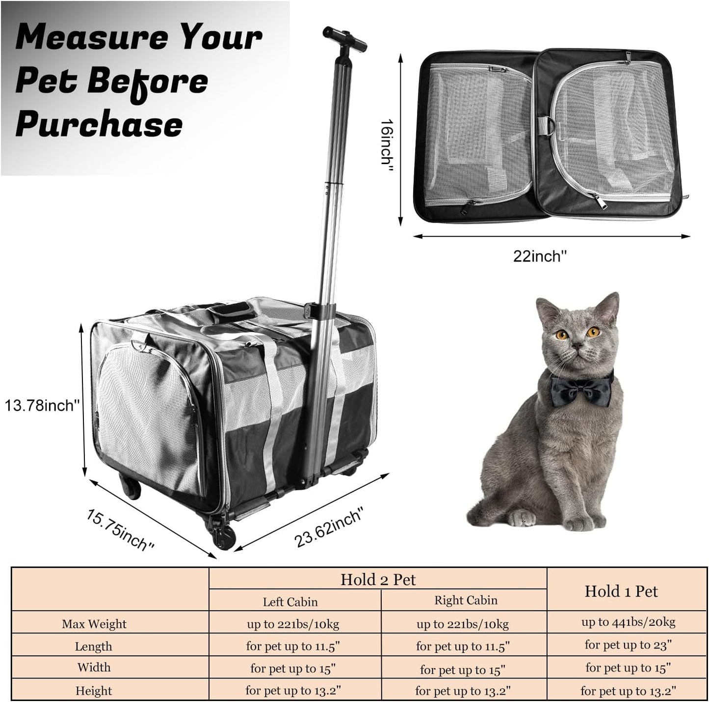 Cat Carrier for 2 Cats, Large Dog Cat Carrier with Wheels for Under 44lbs, Rolling Pet Carrier with Removable Pole Platform and Upgraded Wheels Dog Cat Travel Carrier for Hiking Camping, Black