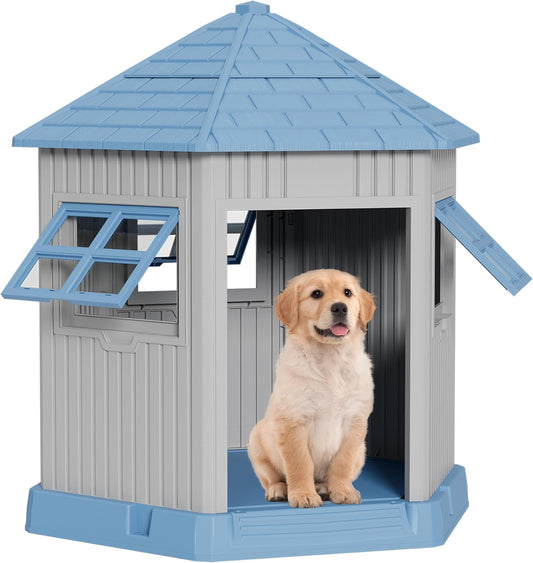 Durable Dog House Indoor Outdoor for Small Medium Dogs, Weatherproof Puppy Shelter with Elevated Floor & Air Vents, Easy Clean and Assemble (Blue, 36.61L*29.5W*37.4H)