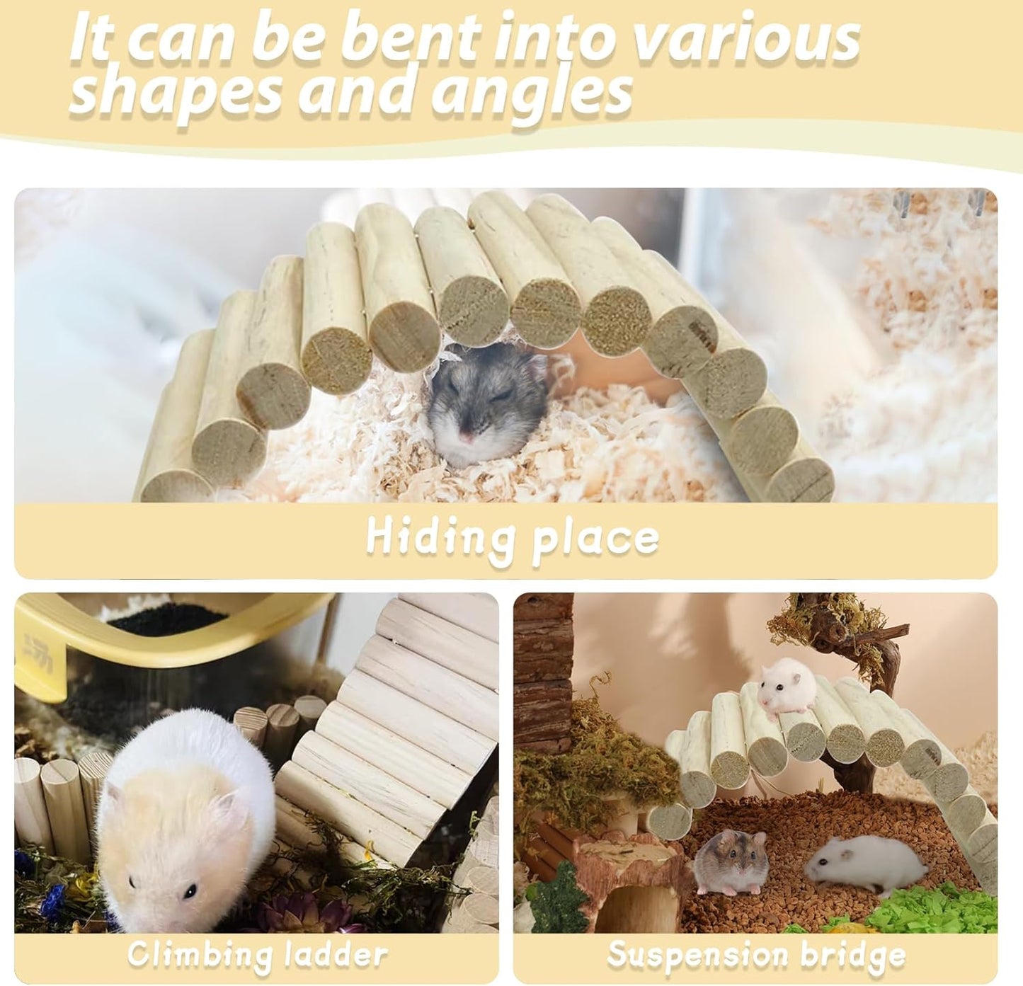 PIVBY 2PCS Wooden Hamster Ladder Bridge, Flexible Wood Tunnel Hide, Hamster Chew Toys for Small Animals Guinea Pig, Rat, Chinchilla, Gerbil, Mice, Mouse (Natural)