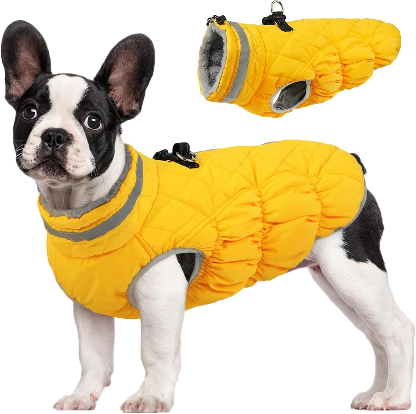 FUAMEY Dog Coat for Medium Dogs,Waterproof Dog Winter Jacket with Harness Built in Puppy Cold Weather Coats Reflective Pet Vest with Zipper Warm Fleece Dogs Snowsuit Windproof Yellow M