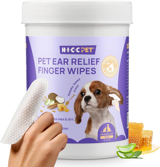 HICC PET Dog Ear Wipes Finger 50 Count Dog Ear Cleaner Wipes for Dogs & Cats, Dog Ear Infection Treatment to Relieve Ear Itching & Inflammation, Remove Ear Wax, Dirt, Smelly - Honey Scent