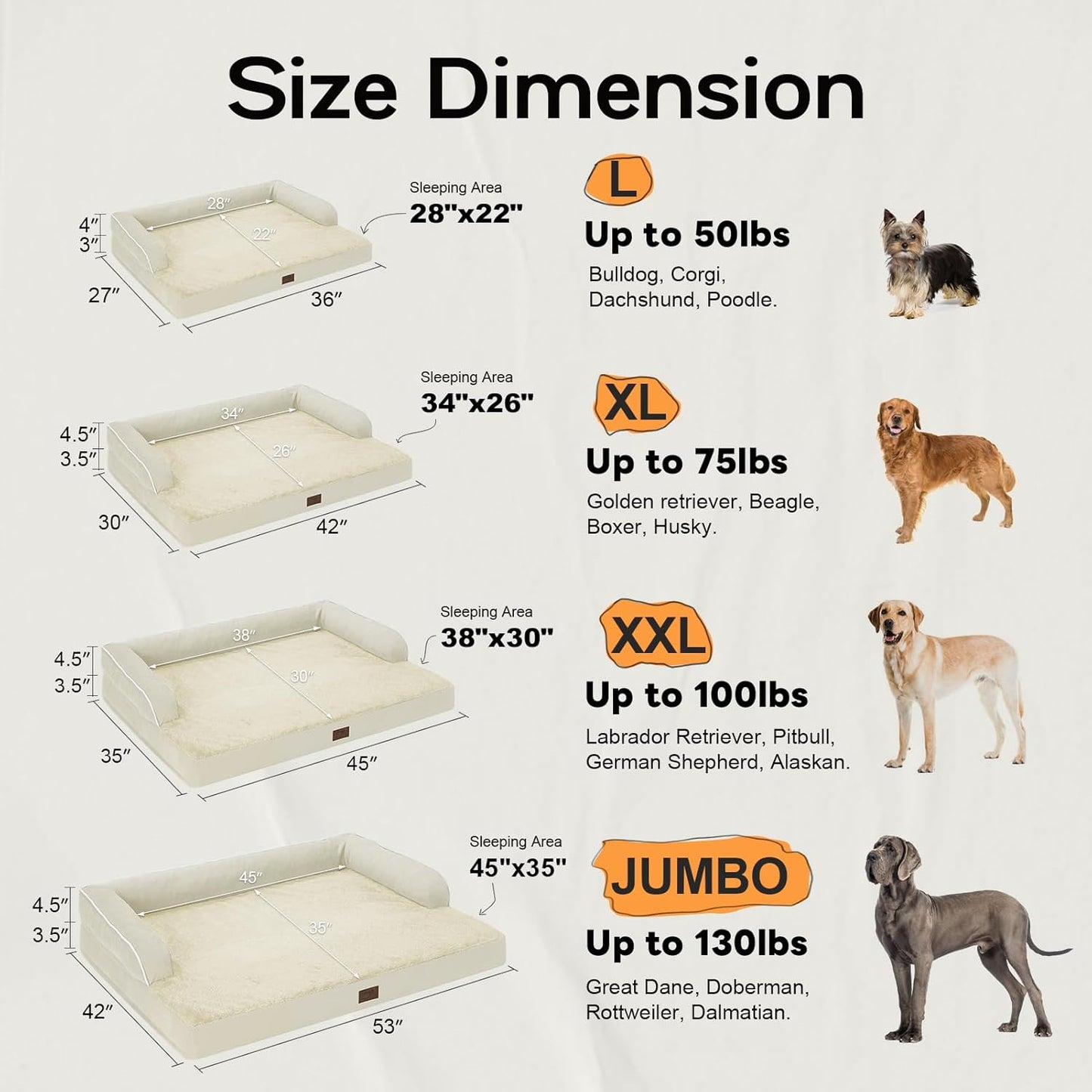 Large Dog Bed Orthopedic Washable - Beds Bolster Pet - XXXL Large Big Dogs - Memory Foam - Couch Sofa Bed- Waterproof with Removable Cover - Beige Dog Bed