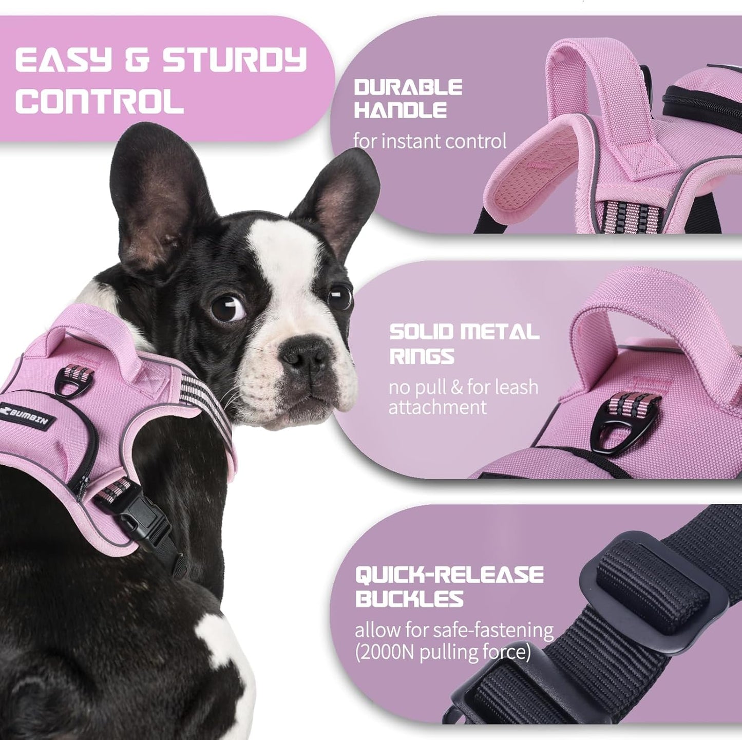 BUMBIN Dog Harness for Large Dogs, No Pull Adjustable No Choke Pet Vest with Dog Leash Fit Smart Reflective Pet Walking Harness for Training Easy Control Soft Handle Pink L