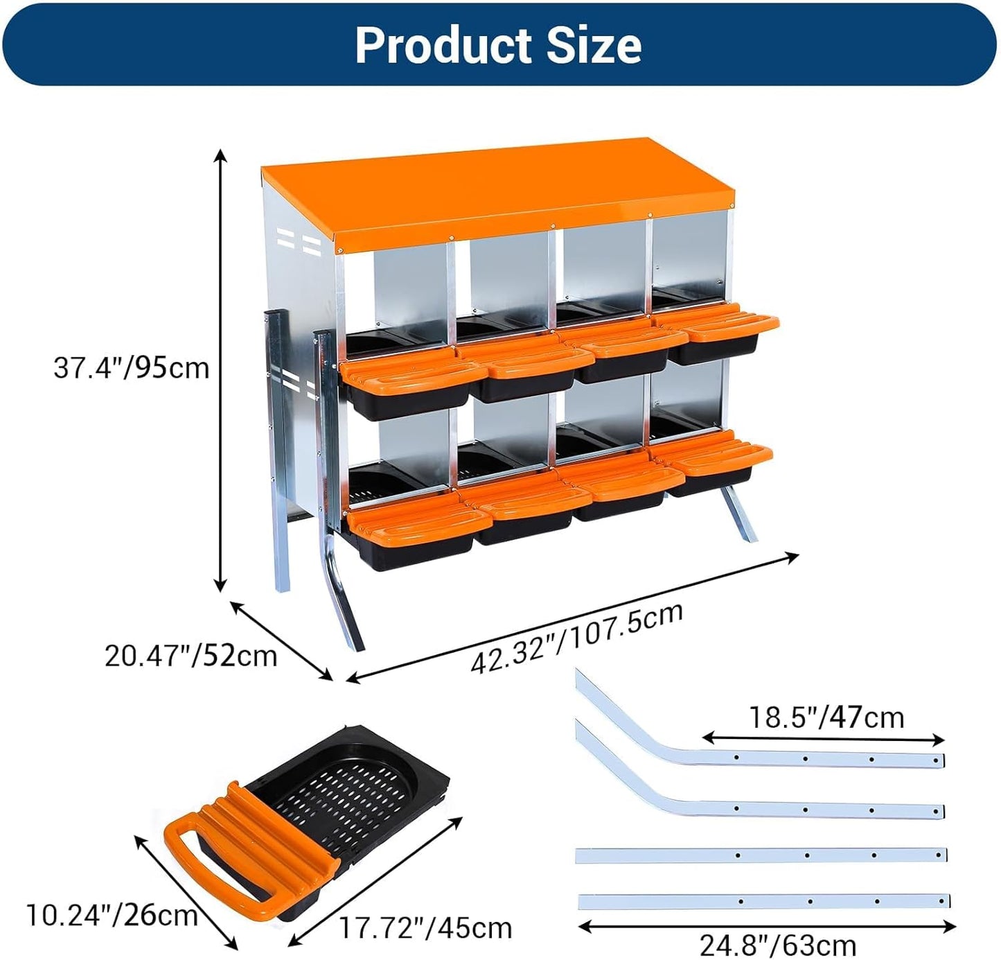 Chicken Nesting Boxes, 8 Hole Metal Chicken Laying Box with with Removable Trays and Roll Out Egg Collection for Chicken Coop, with Metal Bracket, Orange