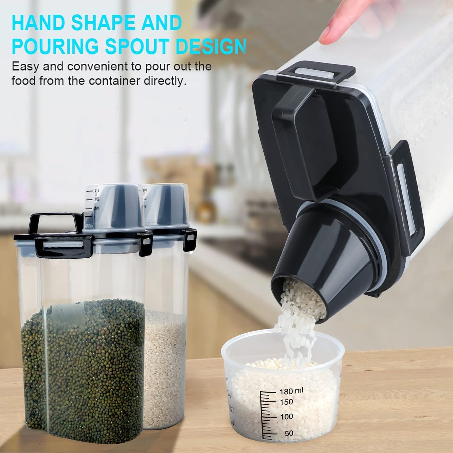 Rice Airtight Dry Food Storage Containers, BPA Free Plastic Storage Bin Dispenser with Pourable Spout, Measuring cup for Cereal, Flour and Baking Supplies, Include a Stainless Steel Whisk