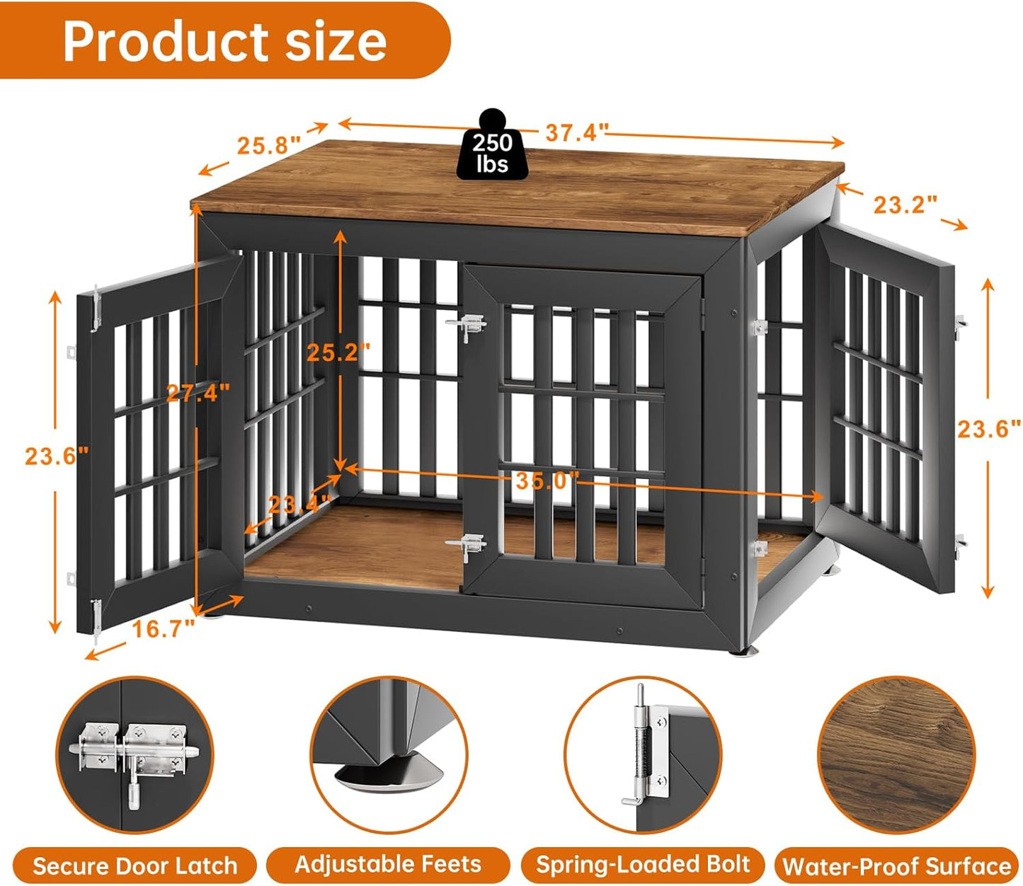 38" Heavy Duty Dog Crate Furniture for Small,Medium and Large Dogs,Rustic Wooden Dog Cage Kennel Indoor Furniture with Waterproof Top,Decorative Pet House Side End Table (Black & Wood)
