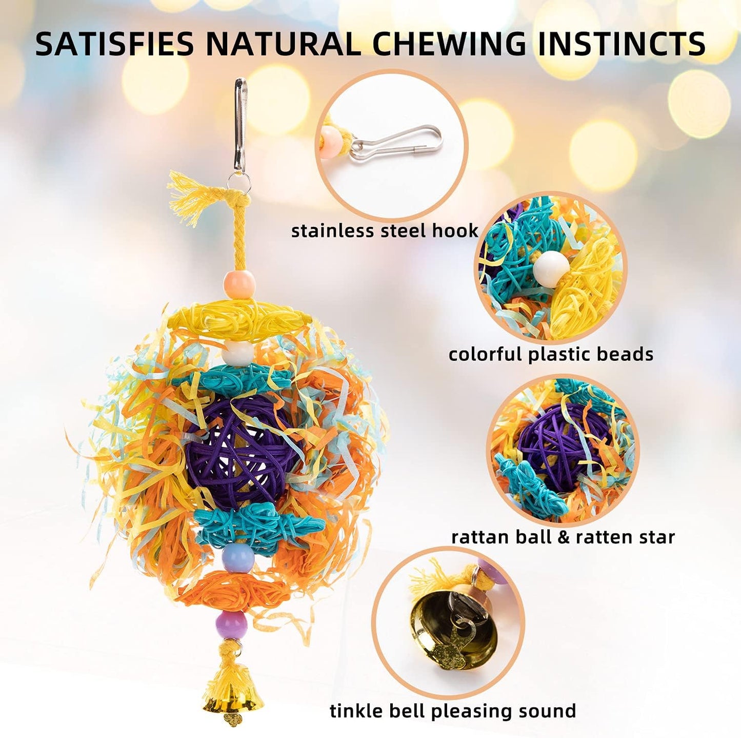 RLRICH 5PACK Colorful Shredder Bird Foraging & Hanging Toys, Comfy Perch Parrot Toy for Rope Bungee