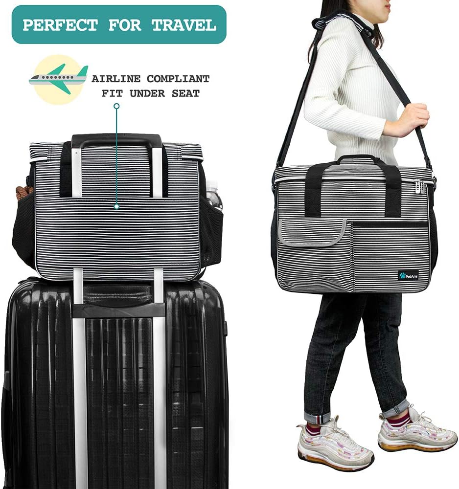 PetAmi Dog Travel Bag - Travel Pet Organizer with Food Container and Bowls, Perfect for Weekend Camping, Cat Diaper Bag (Stripe Black, Medium)