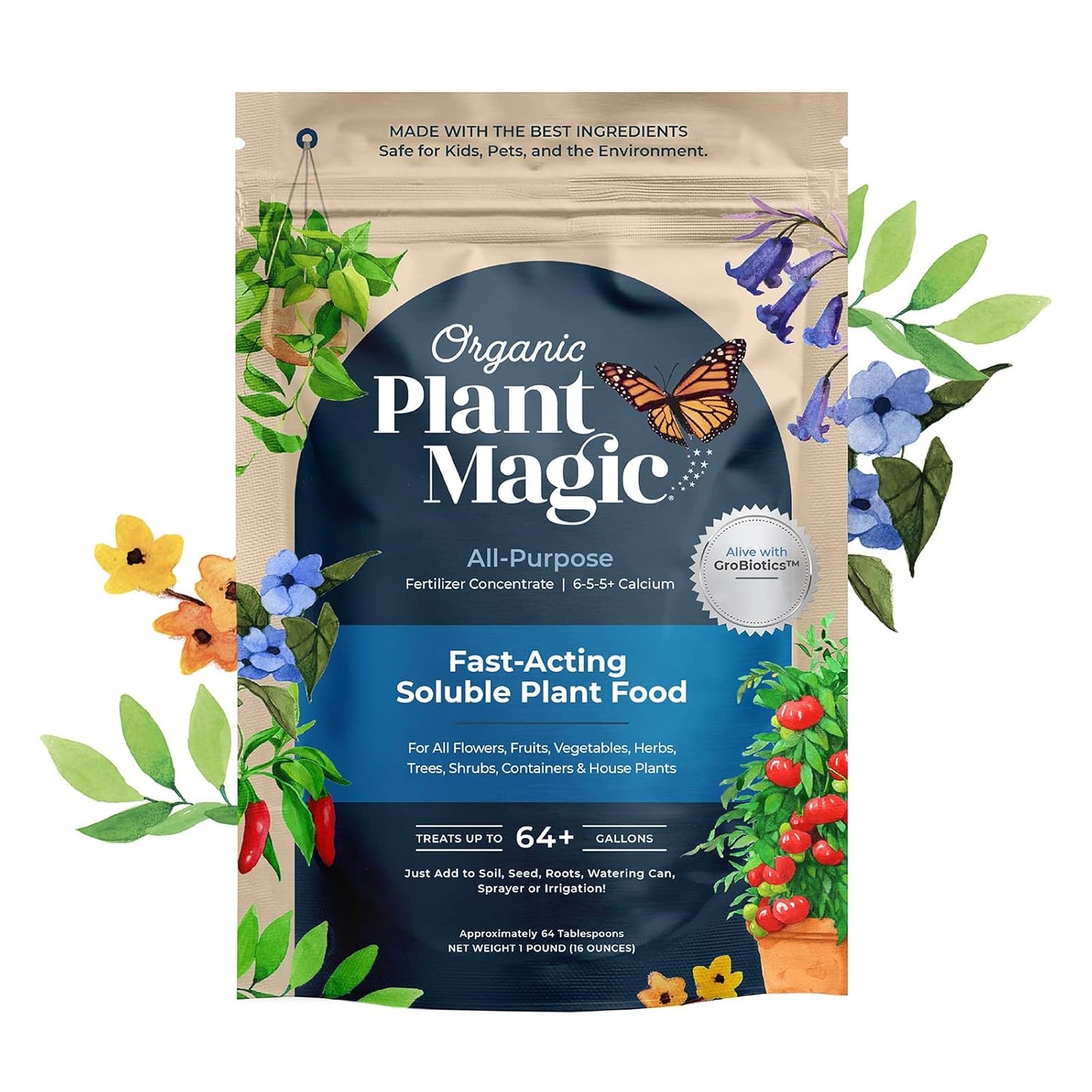 Organic Plant Magic - Truly Organic™ Fast-Acting Soluble Plant Food: All-Purpose Fertilizer Concentrate for All Flower Vegetable Herb Fruit Tree Shrub Container Garden & House Plants [One 1 lb Bag]
