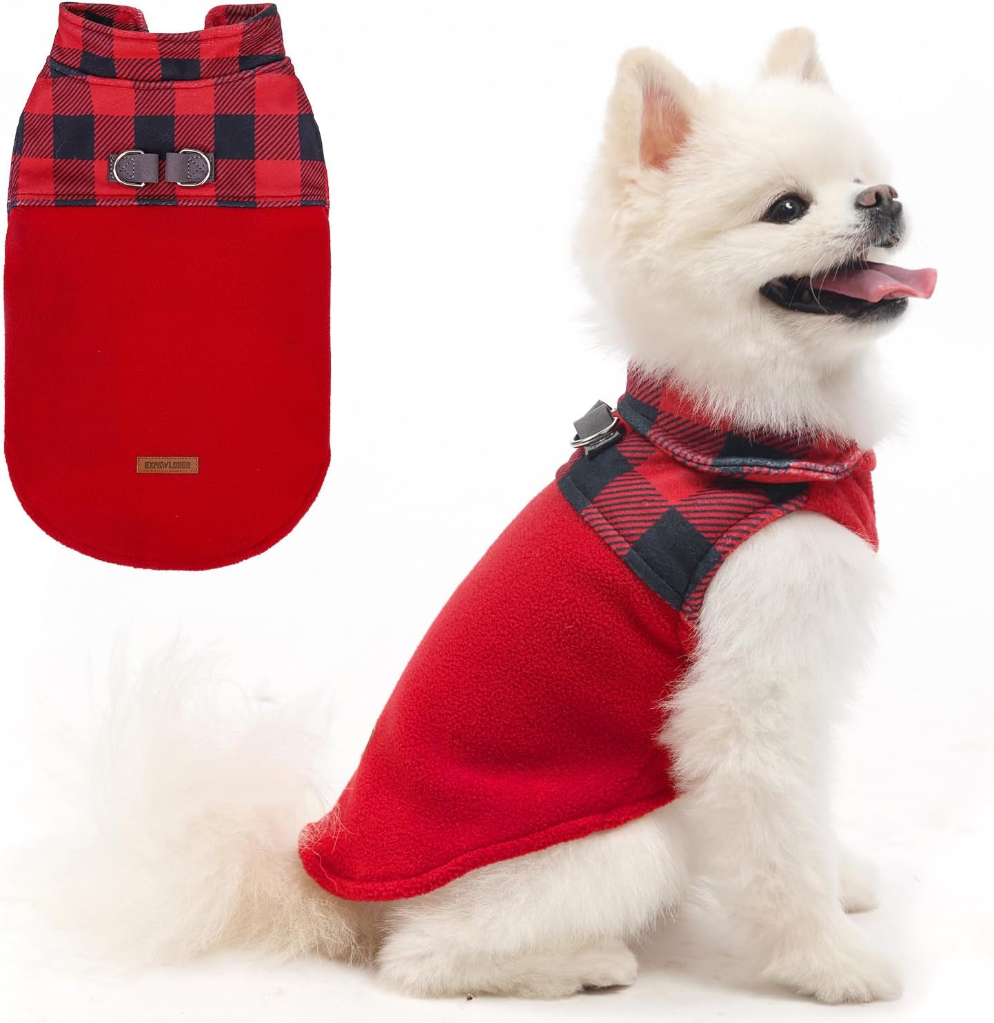 EXPAWLORER Fleece Dog Sweater - Classic Plaid Dog Jacket, Winter Coat Vest with 2 D-Rings for Leash, Pet Cold Weather Clothes, Sweatershirt for Boy or Girls