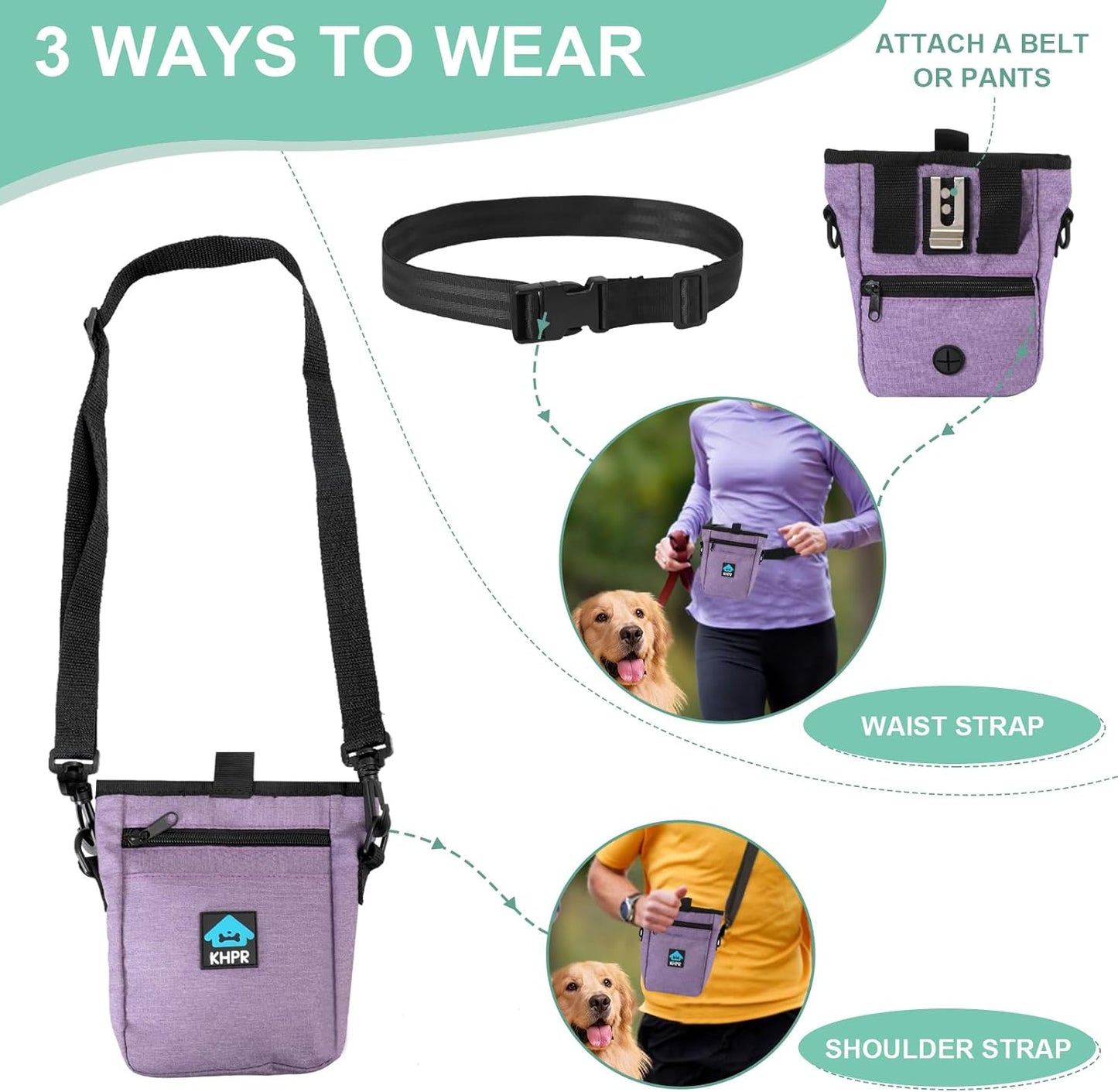 Dog Treat Pouch Magnetic Closure with Training Clicker，Hands-Free Design to Prevent Spills，Built in Poop Bag Dispenser，3 Ways To Wear，Metal Clip Waist Belt and Fanny Pack for Pet Walking（Purple）