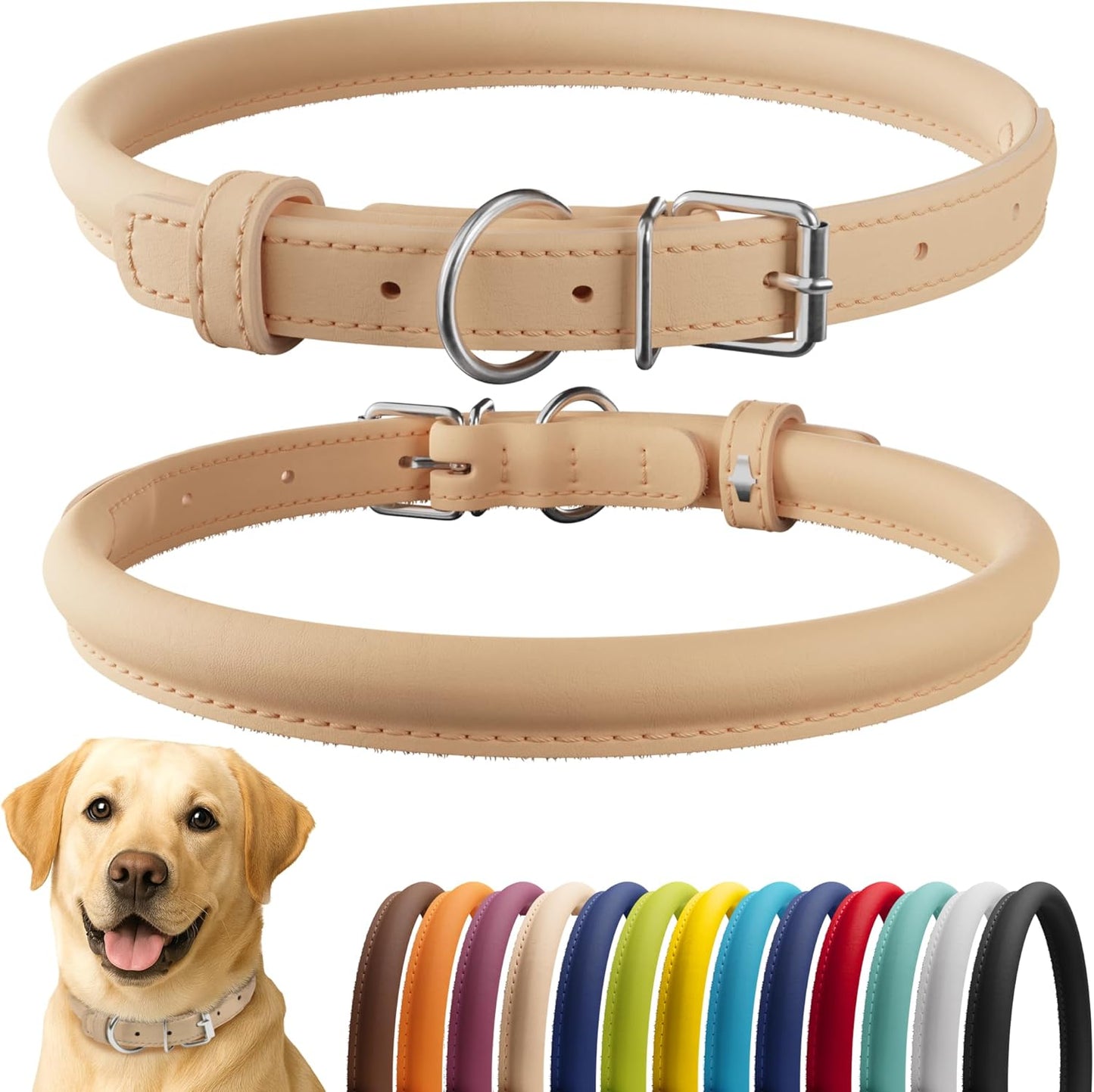 CollarDirect Rolled Leather Dog Collar, Soft Padded Round Puppy Collar, Handmade Genuine Leather Collar Dog Small Large Cat Collars 13 Colors (18-22 Inch, Beige Smooth)