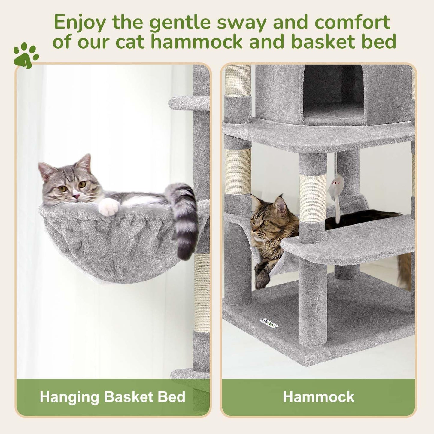 Globlazer Corner Cat Tree Tower for Indoor Cats, 51in Multi-Level Cat Condo Tower with Large Hammock, 7 Sisal Scratching Posts, Oversized Top Perch, Spacious Cat Cave, Hanging Basket, C51, Light Gray