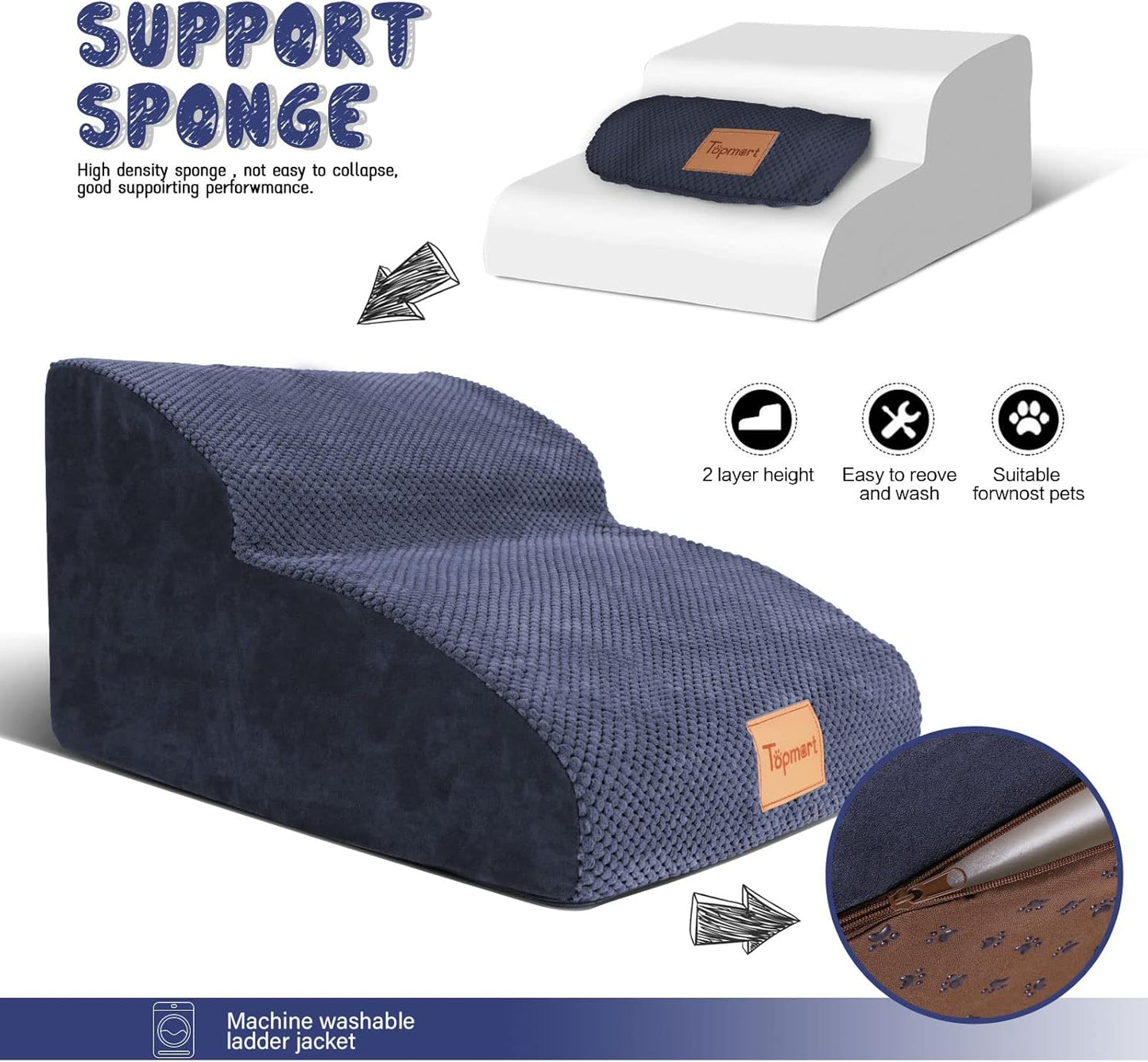 Topmart High Density Extended Foam Dog Ramp&Steps 2 Tiers,11.8" High,Non-Slip Dog Stairs,Soft Foam Pet Ladder with Waterproof Cover,Best for Injured,Older Cats,Pets with Joint Pain