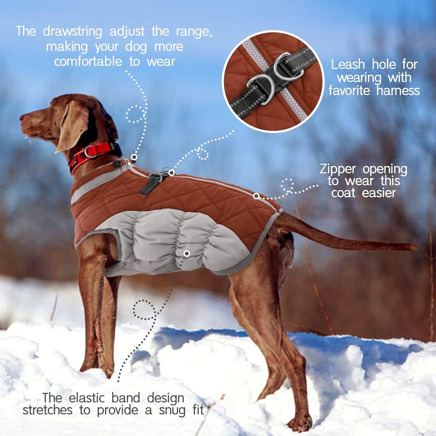 FUAMEY Dog Coat for Medium Dogs,Waterproof Dog Winter Jacket with Harness Built in Puppy Cold Weather Coats Reflective Pet Vest with Zipper Warm Fleece Dogs Snowsuit Windproof Brown M