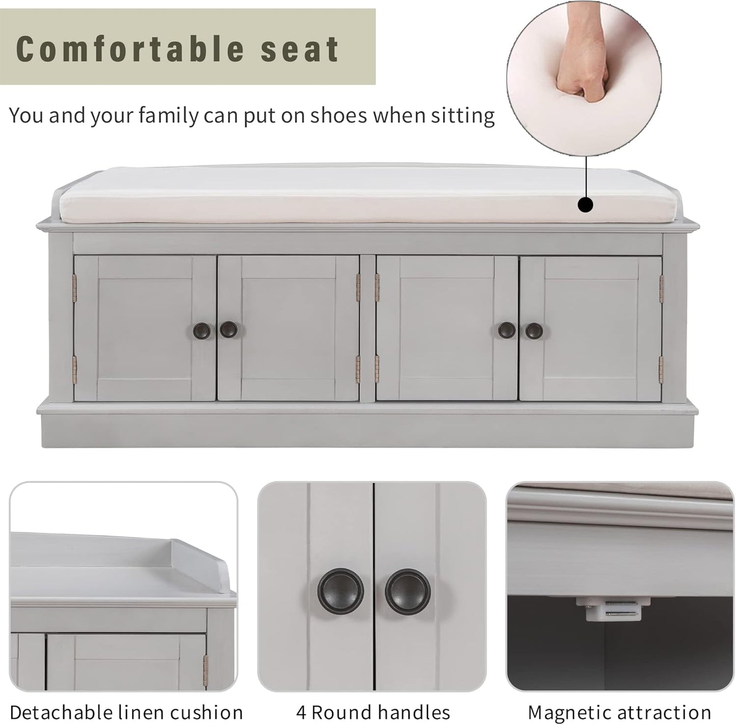 Storage Bench with 4 Doors and Adjustable Shelves, Shoe Bench with Removable Cushion for Living Room, Entryway 42.7" L x 16" W x 17.4" H (Gray Wash)