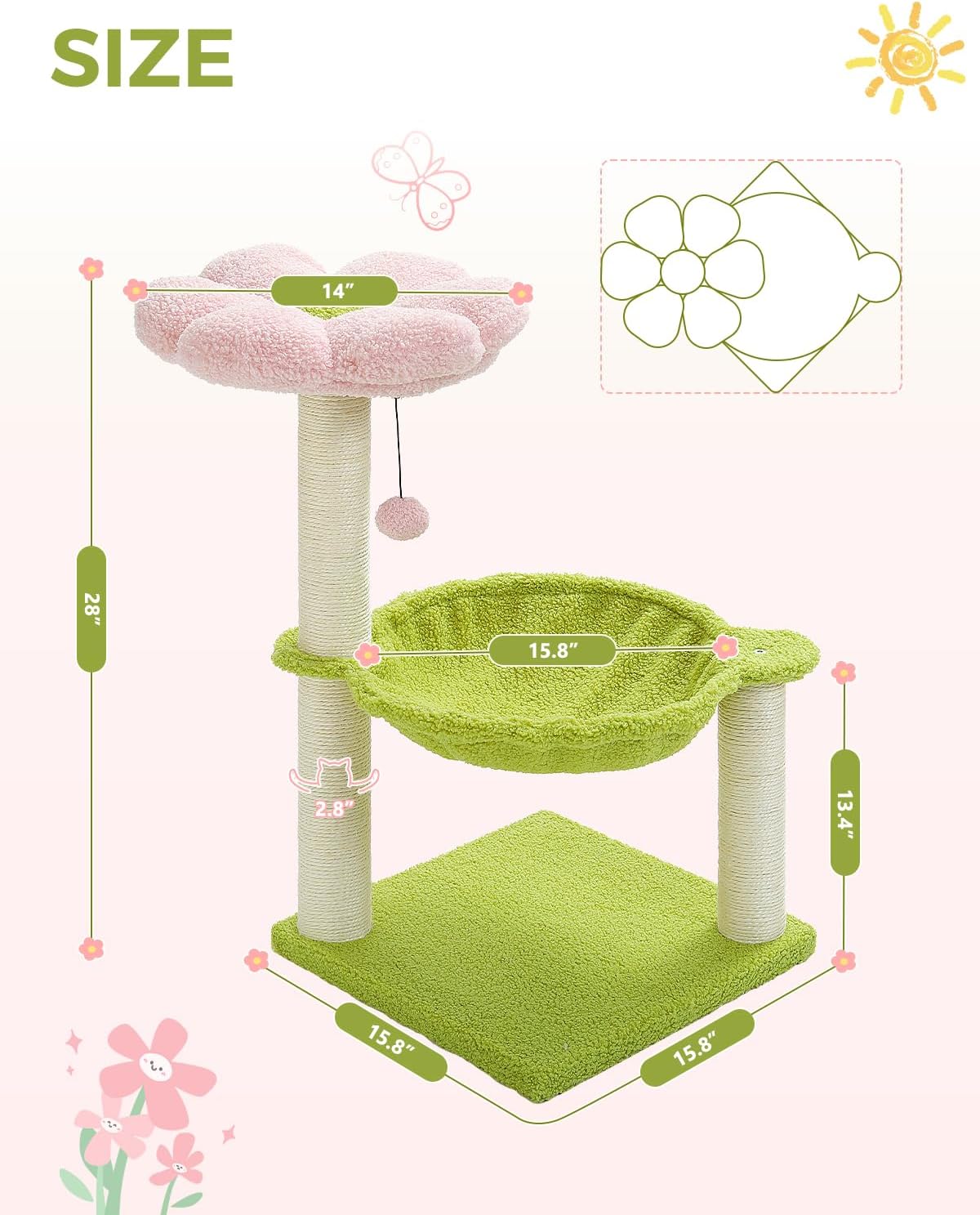 Flower Cat Tree, 28" Cat Tower with Cozy Flower Perch, Large Hammock for Indoor Small Cats, Cute Cat Tree with Sisal Scratching Post and Fur Toy Ball for Kittens, Pink