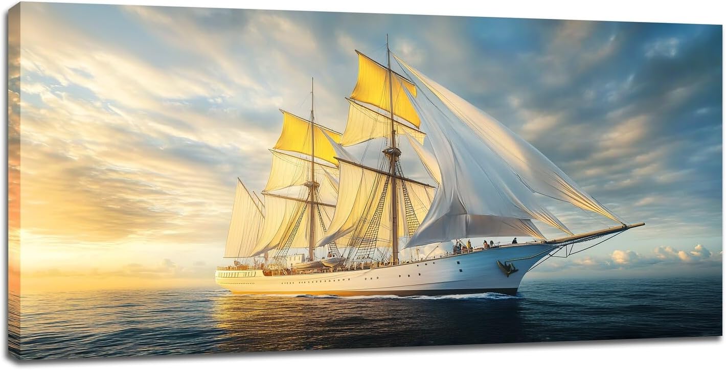 Nautical Ship Large Wall Art Sea Sailing Ship Sunrise Pictures Nature Seascape Wall Decor Canvas Print Painting Artwork for Bathroom Living Room Bedroom 30"x60"