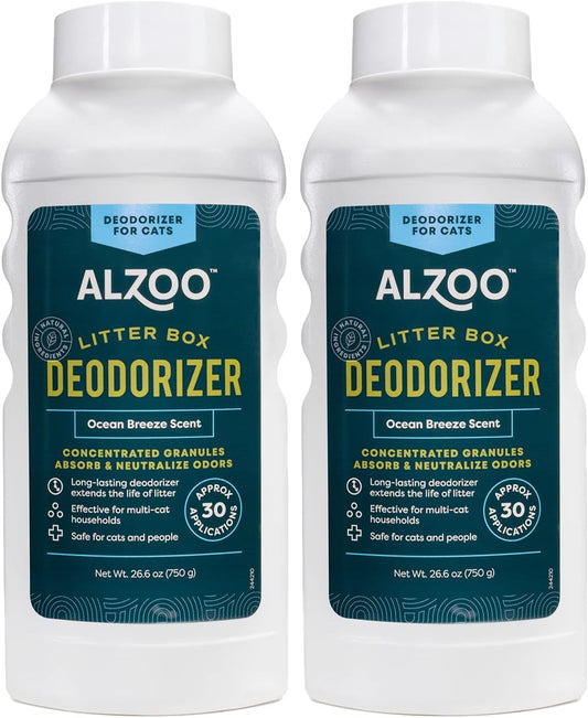 ALZOO Cat Litter Deodorizer, Concentrated Granules Absorb & Help Neutralize Odors, Mineral-Based Active Ingredients, Up To 30 Uses, Ocean Breeze Scent, 26.6 Oz., Pack of 2