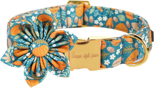 Unique style paws Halloween Dog Collar with Flower Tie Pumpkin Cotton Collar Adjustable Puppy Collar for Small Medium Large Dogs-L