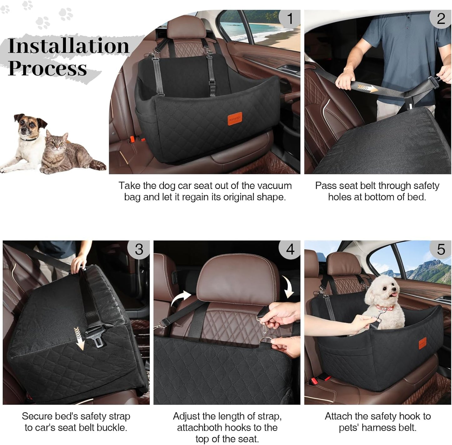 Dog Car Seat for Medium & Large Dogs Up to 55lbs, Memory Foam Cushion, Washable Cover, Safety Straps & Non-Slip Bottom(Black,Large)