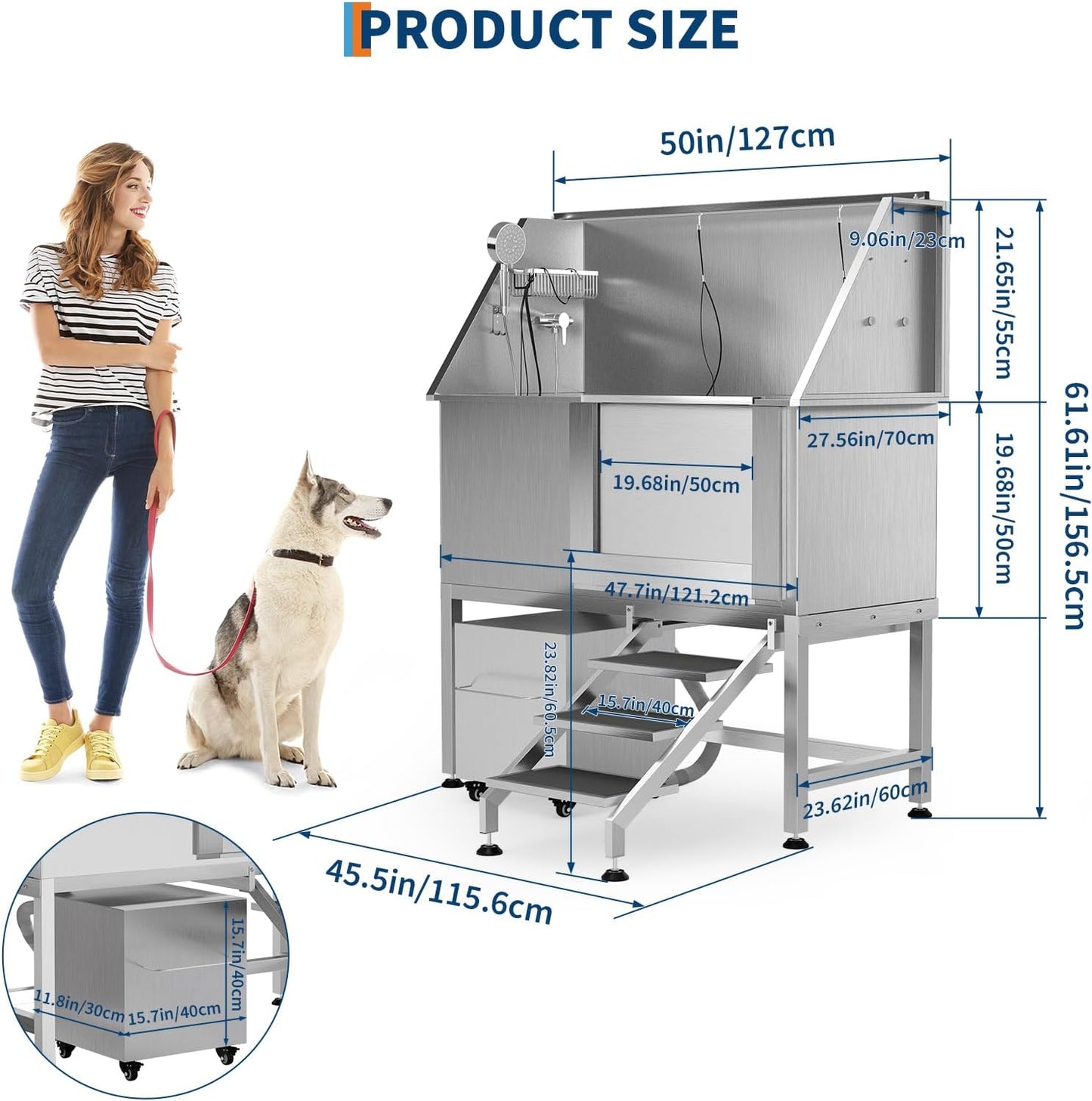 50" Stainless Steel Professional Dog Washing Station - Pet Bathing Tub w/Non-Slip Stairs & Storage Shelf | Slip-Resistant Floor Grate | for Large/Medium/Small Dogs