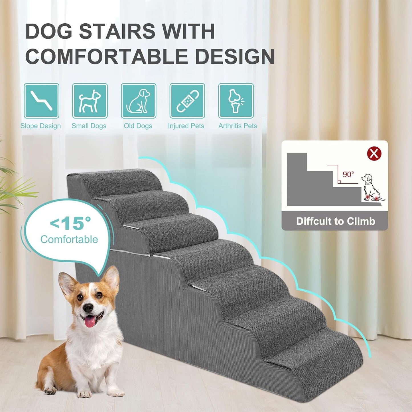 5-Step Dog Stairs for High Bed - 21.3" Adjustable Dog Ramps for Couch, Non-Slip Sturdy Pet Steps for Small Dogs, Washable Cover, Removable Modular Design, Dual 11” & 12.83” Steps for Custom Height