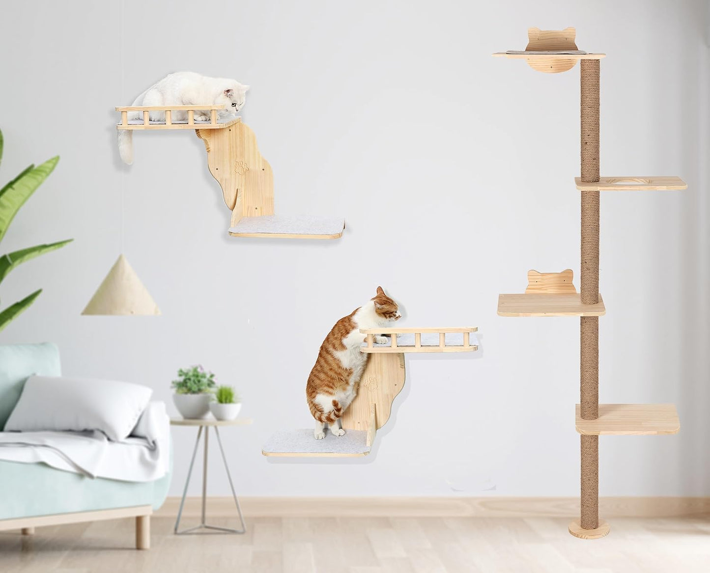 Cat Wall Perches, 2-Levels Corner Shelves Wall-Mounted Platform with Scrathing Mat, Wood Furniture for Indoor Cats Climb,Play and Nap (Right)