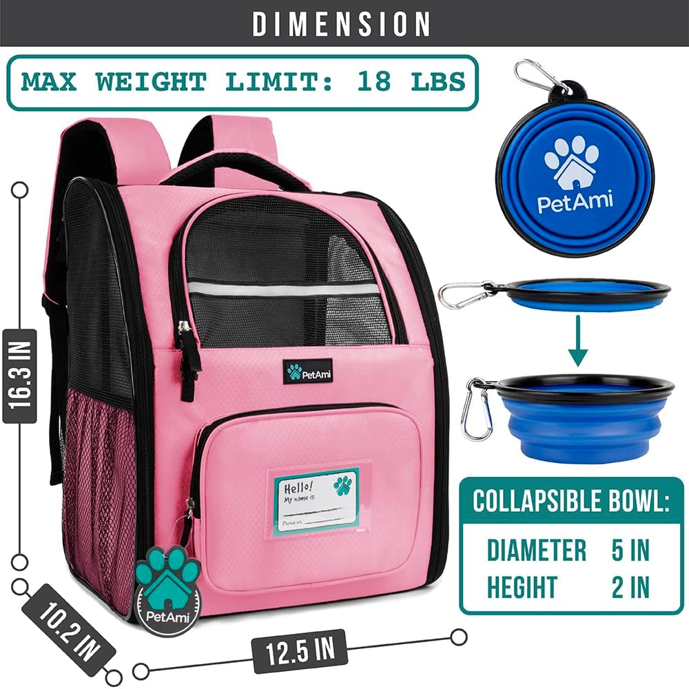 PetAmi Dog Backpack Carrier for Small Large Cat, Pet, Puppy, Ventilated Pet Hiking Backpack Travel Bag, Airline Approved Cat Backpack Carrier, Camping Biking Dog Bag Up to 18lbs Pet, Pink