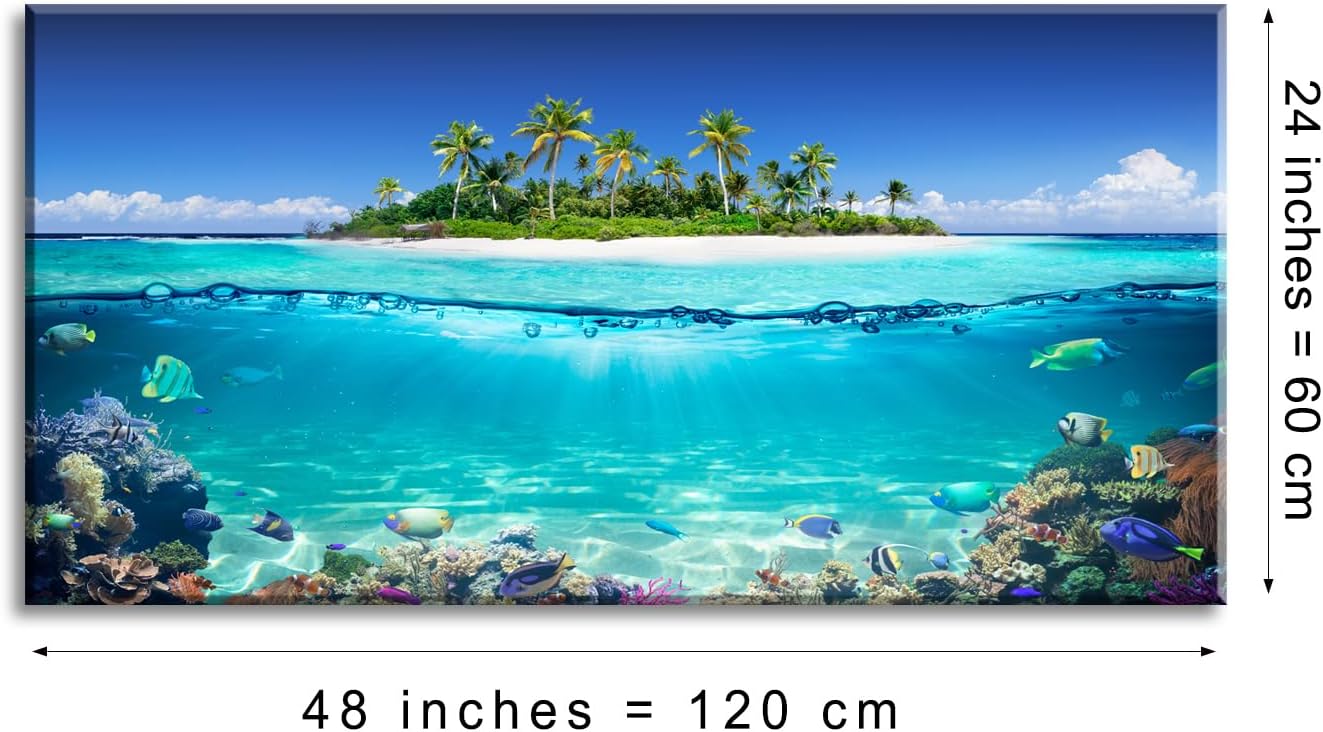 Tropical Island Coral Reef Landscape Canvas Wall Art for Living Room,Unique View Split Waterline Scenery,Beautiful Nature Summer Travel Scenic Picture Print Artwork Painting Decor,Inner Frame 24x48